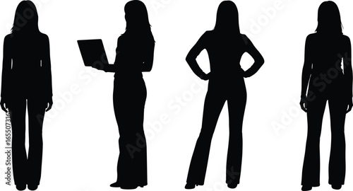 Silhouettes of person in multiple standing poses, holding laptop, hands on hips, relaxed stance, business posture, corporate concept illustration