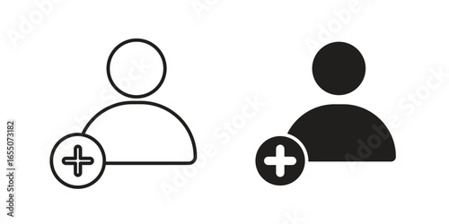 Simple add user icons, one line art, one solid, isolated on white. Perfect for websites and apps.