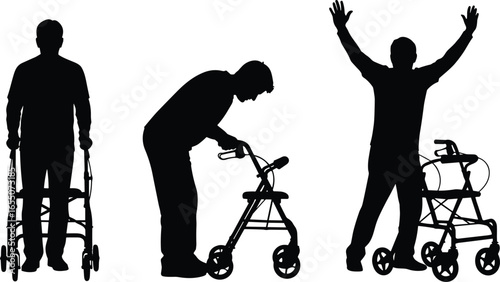 Silhouettes of person using walker, standing, bending, arms raised, mobility aid stages, rehabilitation progress, physical therapy, recovery, disability support concept