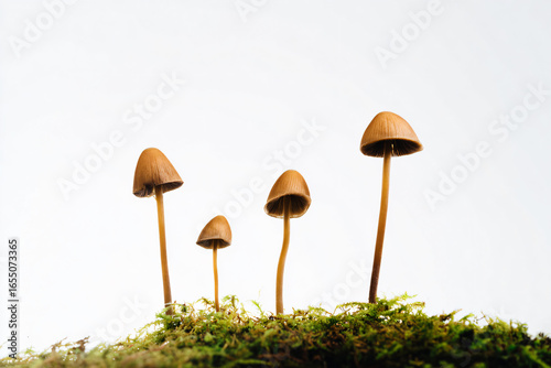 a group of mushrooms sitting on top of a moss covered ground
