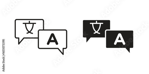 Two sets of translation icons: one line art, one solid. Chinese and English language symbols in speech bubbles.