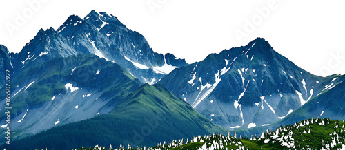 Jagged blue mountain peaks with snow patches and green foothills isolated on a transparent background