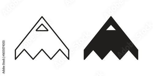 Two vector icons depicting a stealth fighter jet, one in line art style and the other in solid black, isolated on white.