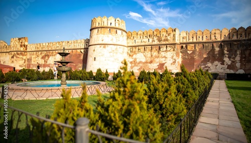 A fortified garden with a fountain and ancient walls.