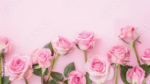 Rosy Elegance: Enchanting Pink Rose Border Background – Lush Pink Roses in Full Bloom, Buds in Soft Blush, and Curling Green Vines Wrapping Around the Edges, Set Against a Dreamy Pink Backdrop with 