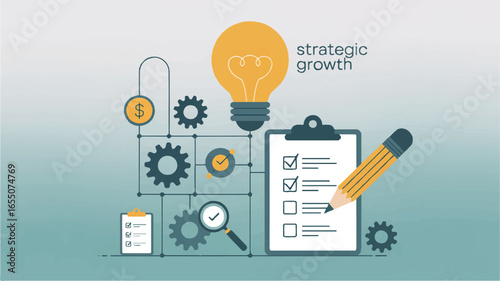 Strategic Growth Concept with Light Bulb Checklist Gears and Magnifying Glass Depicting Business Development and Problem Solving