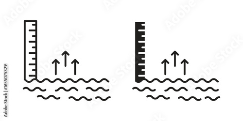 Simple vector illustration showing water level rising indicated by a ruler and upward arrows. Isolated on white.