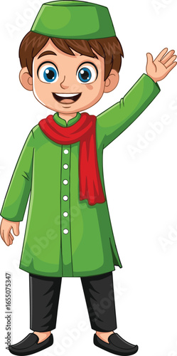 Cartoon character in green tunic with white buttons, black pants, red scarf, green hat, waving hand, traditional clothing vector illustration