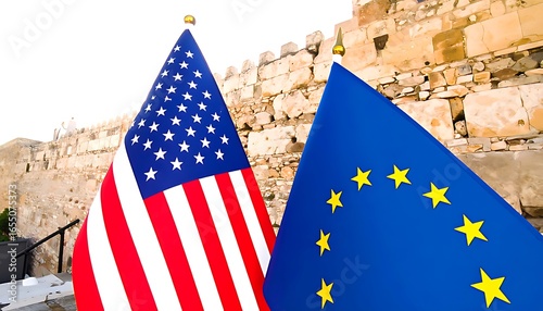 American and European Union flags displayed outdoors.