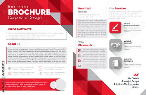Red and gray geometric business brochure with text blocks, icons, and a modern, corporate design aesthetic, creating a professional and informative layout.