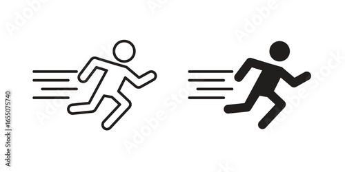 Two simple running person icons, one line art, one solid, isolated on white.