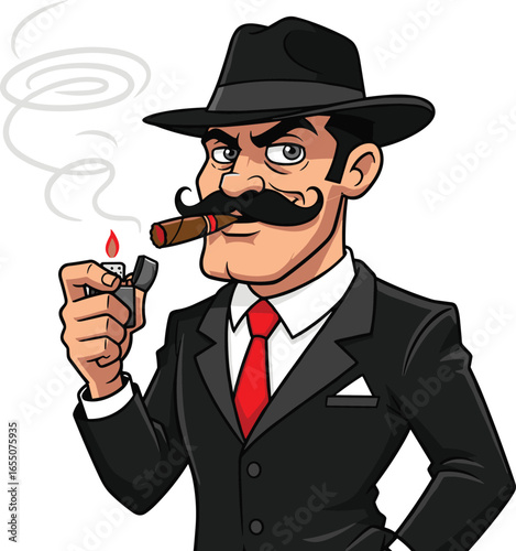 Cartoon gangster in black suit, white shirt, red tie, black fedora, holding lighter and cigar with smoke, classic mobster vector illustration