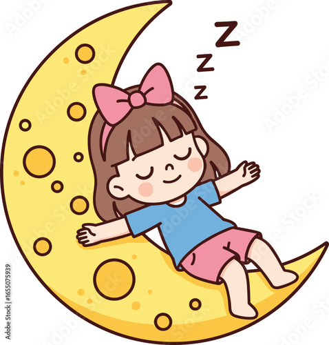 Cartoon girl with brown hair, pink bow, blue shirt, pink shorts, sleeping on yellow crescent moon with craters, peaceful bedtime vector illustration