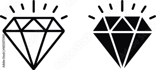 Two Diamonds Icon, Shining, Black and White, Minimalist Line Art on Transparent Background