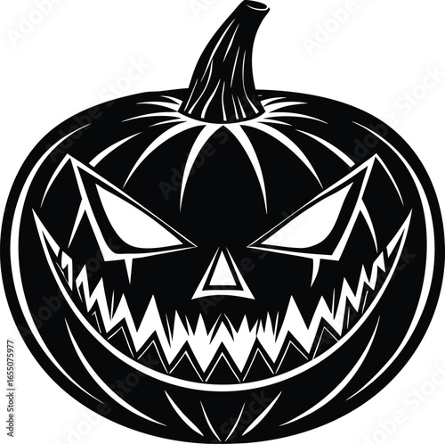 Vector art of a black and white illustration of a scary carved halloween pumpkin jackolantern with a menacing grin and glowing eyes