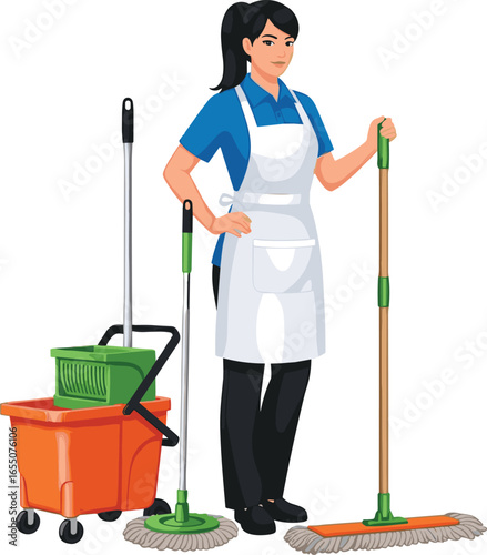 Janitorial staff in blue shirt and white apron holding mop beside orange bucket with wringer, cleaning equipment, sanitation work, housekeeping service vector illustration