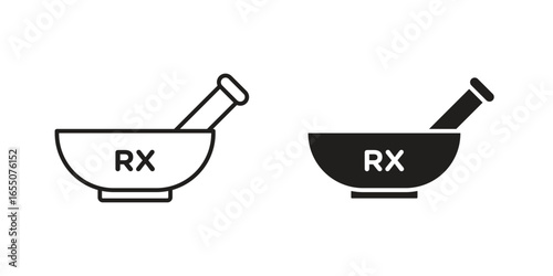 Two variations of a mortar and pestle icon, one line art and one solid, both with RX symbol. Isolated on white.