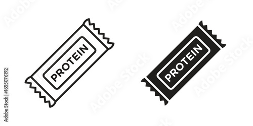 Two simple line art icons of a protein bar in its packaging, isolated on white.