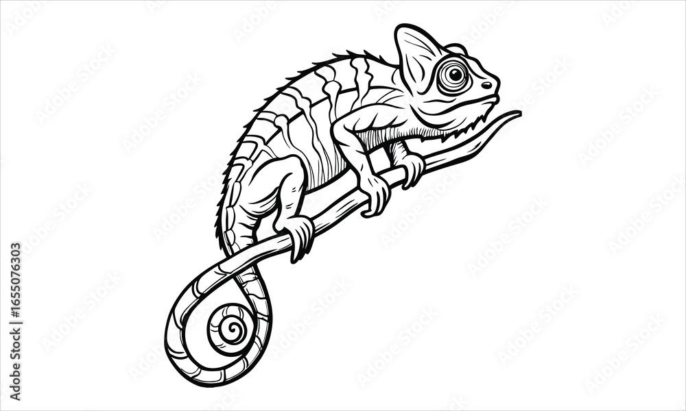 Obraz premium Chameleon Close Up T-Shirt Silhouette and Vector Line Art, Intricate Illustration Perfect for Relaxation, Art Therapy, Adult Coloring, and Printable Creative Artwork Activities.