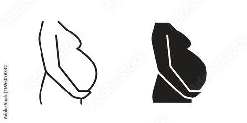 Simple line art and solid black pregnant woman icons, profile view, isolated on white. Perfect for pregnancy related designs.