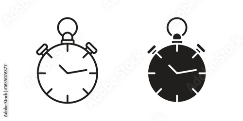 Two stopwatch icons, one line art and one solid black, isolated on white. Perfect for time management or sports themes.
