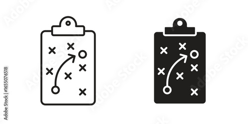 Line art and solid icon of a clipboard with a game strategy plan. Isolated on white.