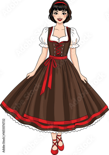 Woman in brown and red traditional dress with puffed sleeves blouse, ribbon waist, red shoes, headband, cultural folk costume, heritage fashion vector illustration