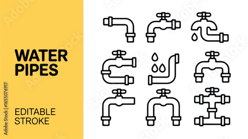 Water Pipes Collection Black and White Icon Set for Plumbing and Construction Projects Editable Stroke Design