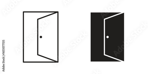Two simple open door icons: one line art, one solid black. Isolated on white.