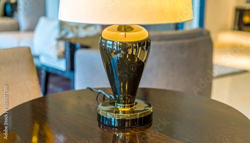 A stylish, modern table lamp with a dark, reflective base and a cream-colored shade sits on a polished wooden table.
