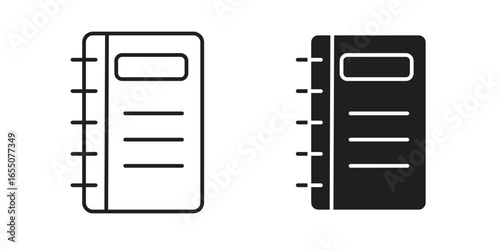 Two notebook icons, one line art and one solid black, isolated on white. Perfect for app design or stationery.