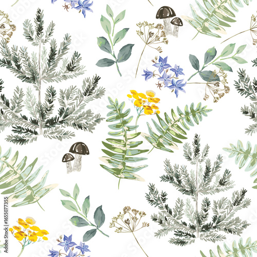 Yellow flowers, bellflowers, green leaves, fern, small pine trees, mushrooms, white background. Floral illustration. Vector seamless pattern. Botanical design. Meadow nature plants
