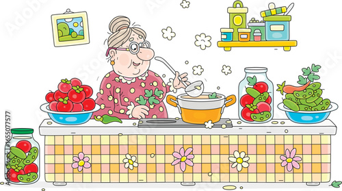 Happy granny making tinned vegetables from ripe red tomatoes and green cucumbers from her summer kitchen garden, vector cartoon illustration on a white background