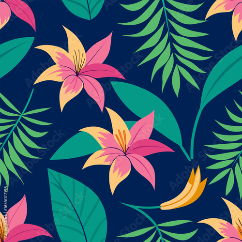 Exotic lily and banana leaf seamless pattern with tropical floral design