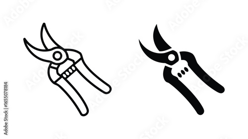 Gardening Hand Pruners: Line Art and Solid Black Icon Set, Simple, Clean, and Modern Design for Website or App, Vector Illustration.