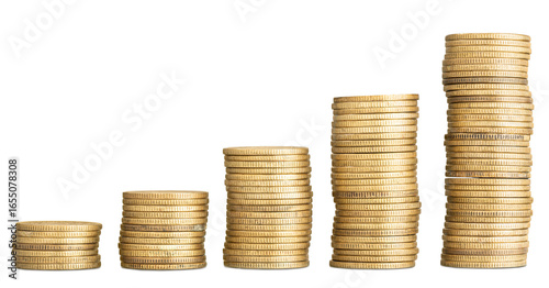 Golden coins stacked forming a raising chart isolated on white background. Copy space