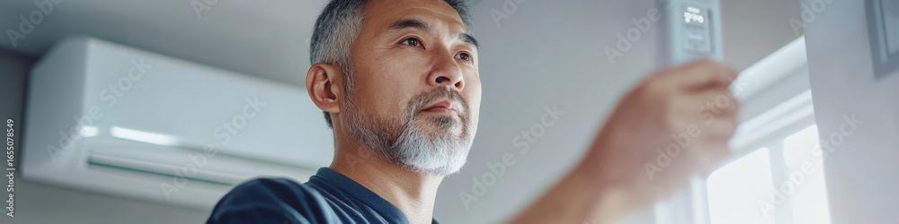 Fototapeta premium Middle-aged Asian male technician inspecting thermostat installation with focus on precision and quality