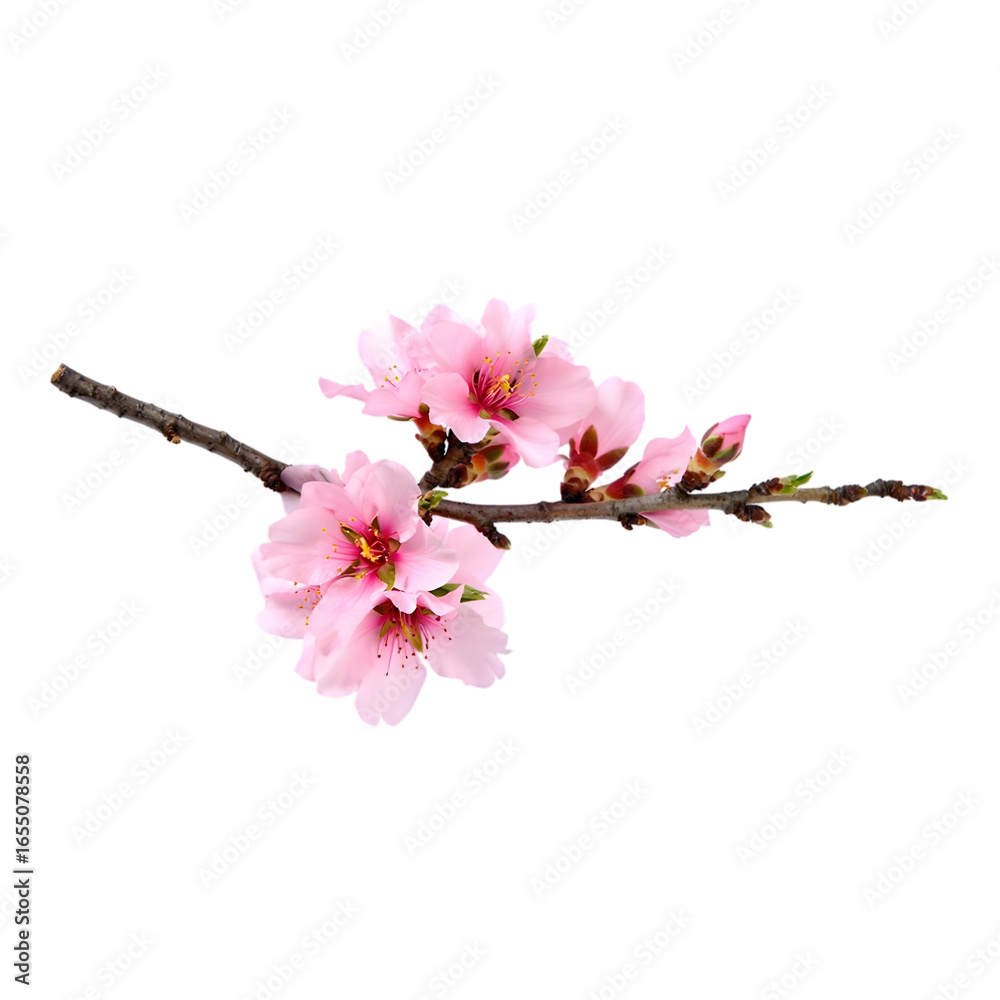 Obraz premium Delicate Pink Almond Blossom Branch, Spring Plant Creeper, Isolated on Black Background