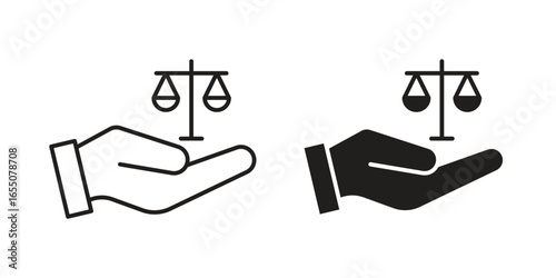 Two variations of a hand holding scales of justice icon, isolated on white. Line art and solid black versions.