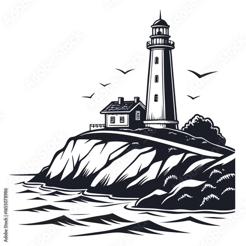 Small island with lighthouse silhouette