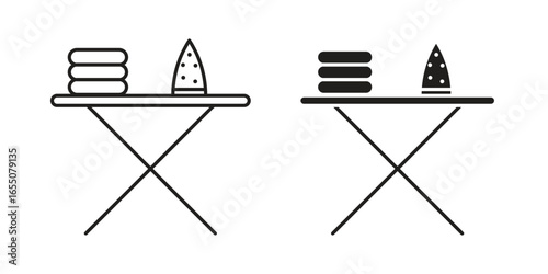 Line art illustration of two ironing boards, one with a stack of clothes and an iron, isolated on white.