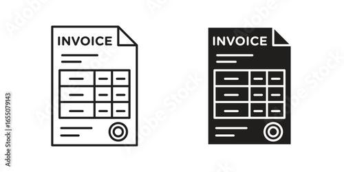 Two invoice icons, one black and one white, isolated on white background. Simple line art style.
