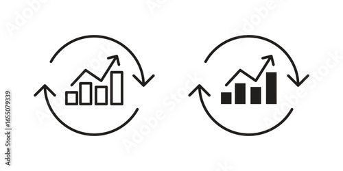 Two line art icons depicting bar graphs with upward trends, enclosed in circular arrows, isolated on white.