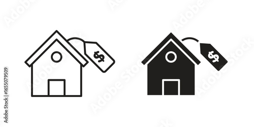 Two simple house icons, one line art and one solid, each with a price tag indicating cost or value. Isolated on white.