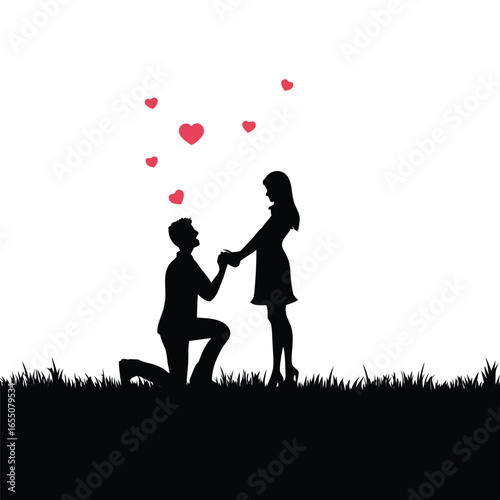 Romantic Silhouette of a Man Proposing to a Woman Amidst Hearts A Sweet Gesture in a Serene Natural Setting