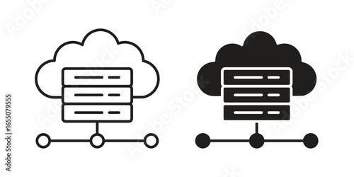 Two variations of a cloud server network icon, one in outline and one solid, isolated on white.