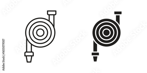 Two simple fire hose reel icons: one line art, one solid black. Isolated on white.