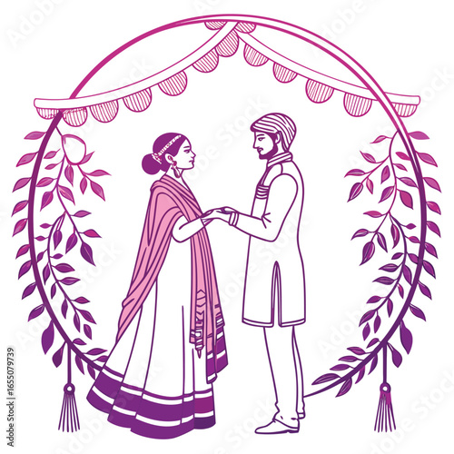Romantic Indian Wedding Illustration of a Bride and Groom in Traditional Attire United in Love