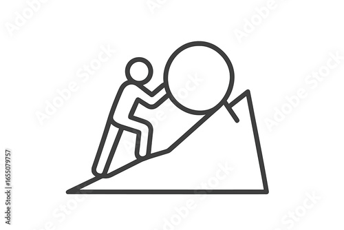 Climbing a steep mountain while pushing a large boulder in a challenging outdoor adventure during the daytime