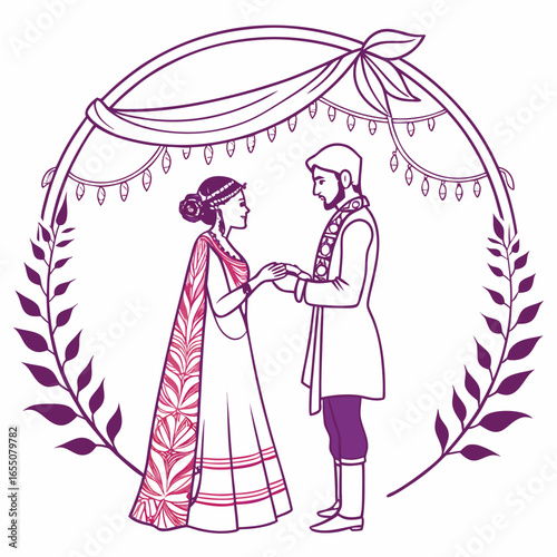 Romantic Indian Wedding Illustration of a Bride and Groom in Traditional Attire United in Love
